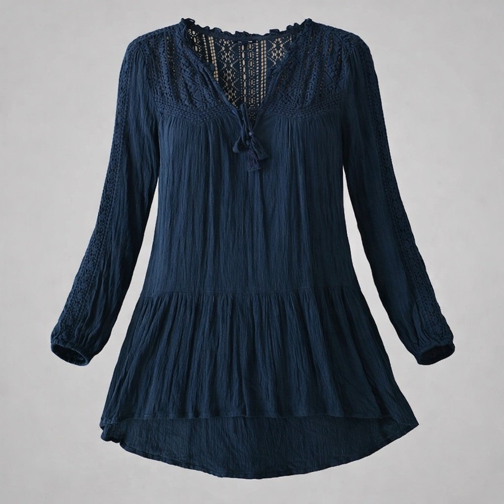 🍁American Eagle Boho‎ Lace Yoke Peasant Top Green Gauze Babydoll Blouse Small